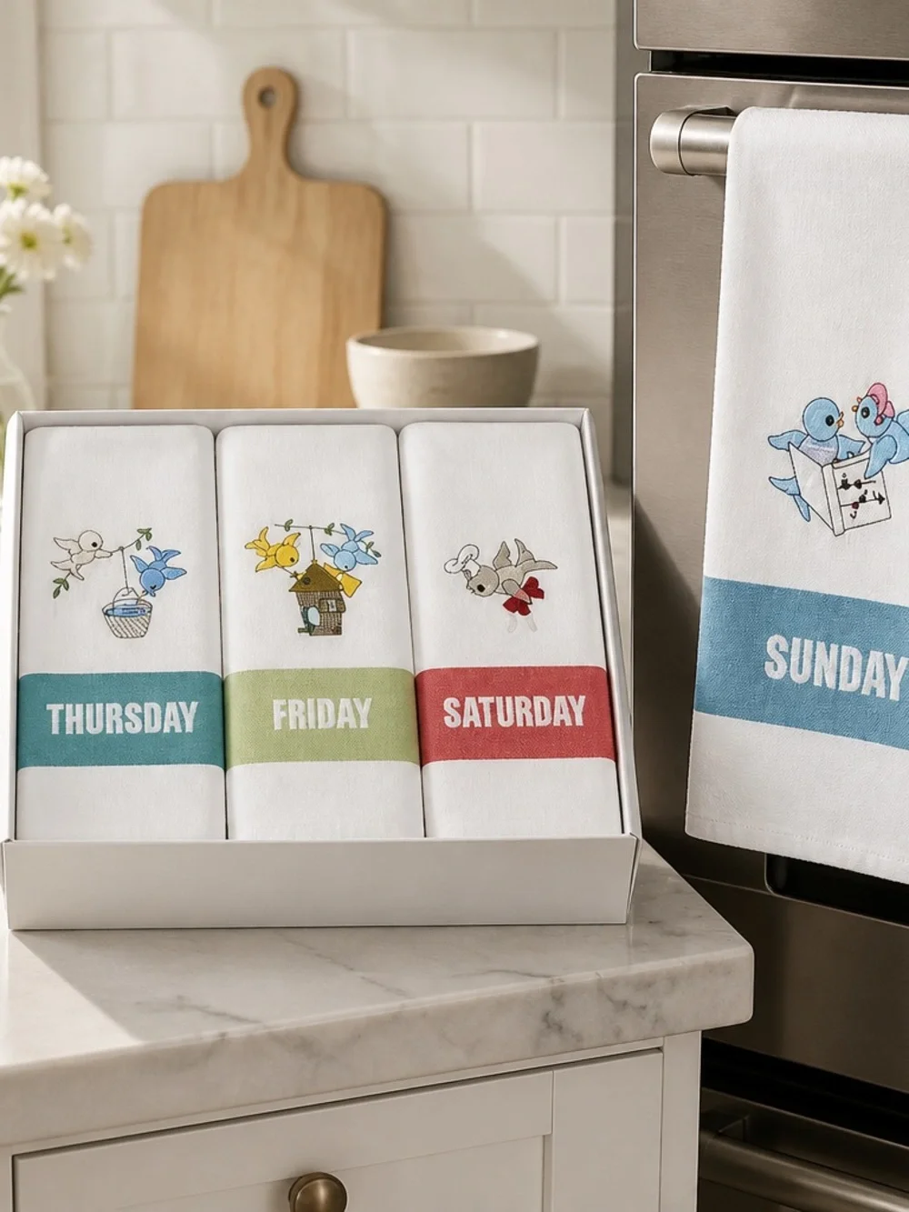 Set of 7 Days of the Week Embroidered Tea Towels‎ - Multicolor